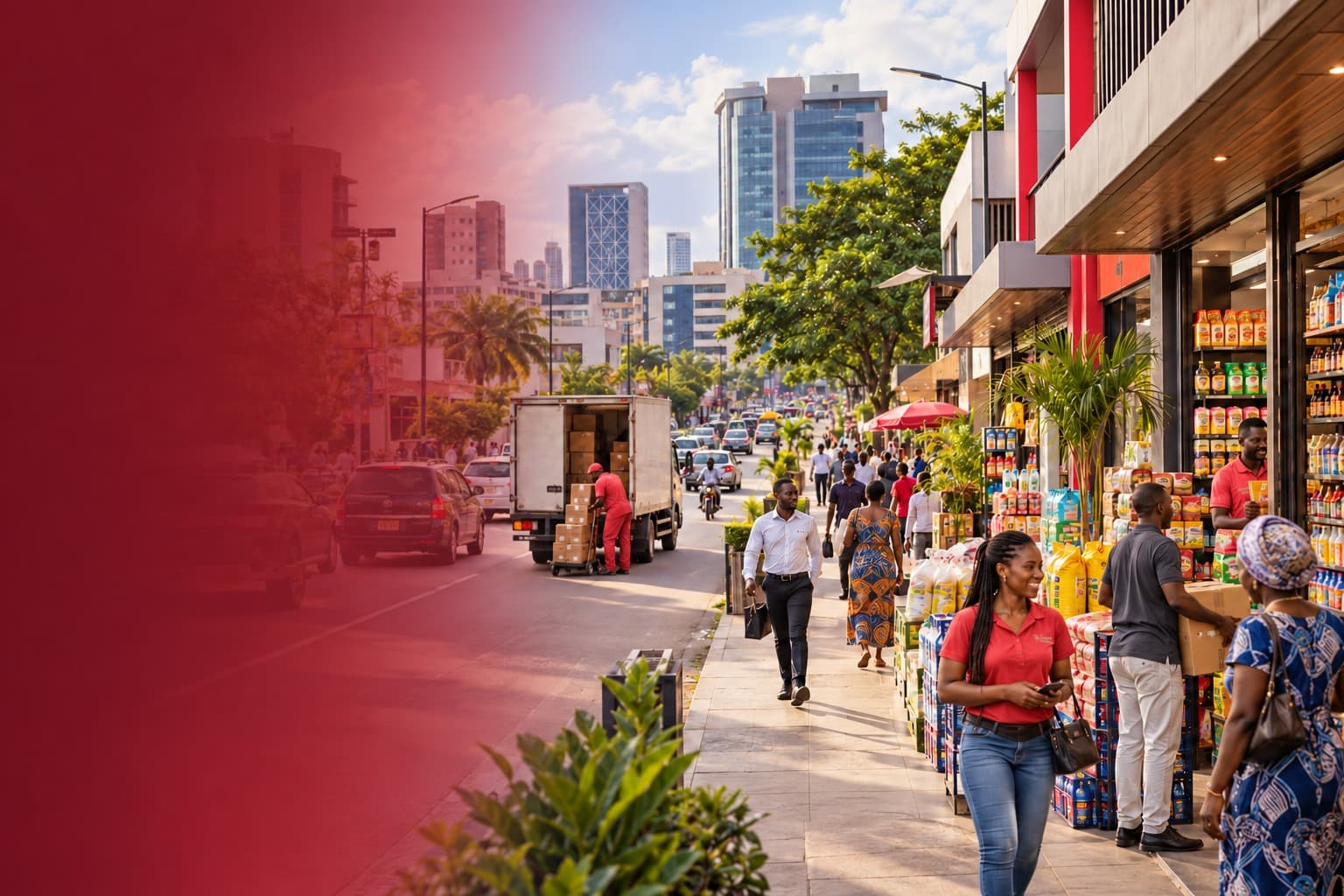 Illustrative African city street with shops, shoppers and a busy retail corridor