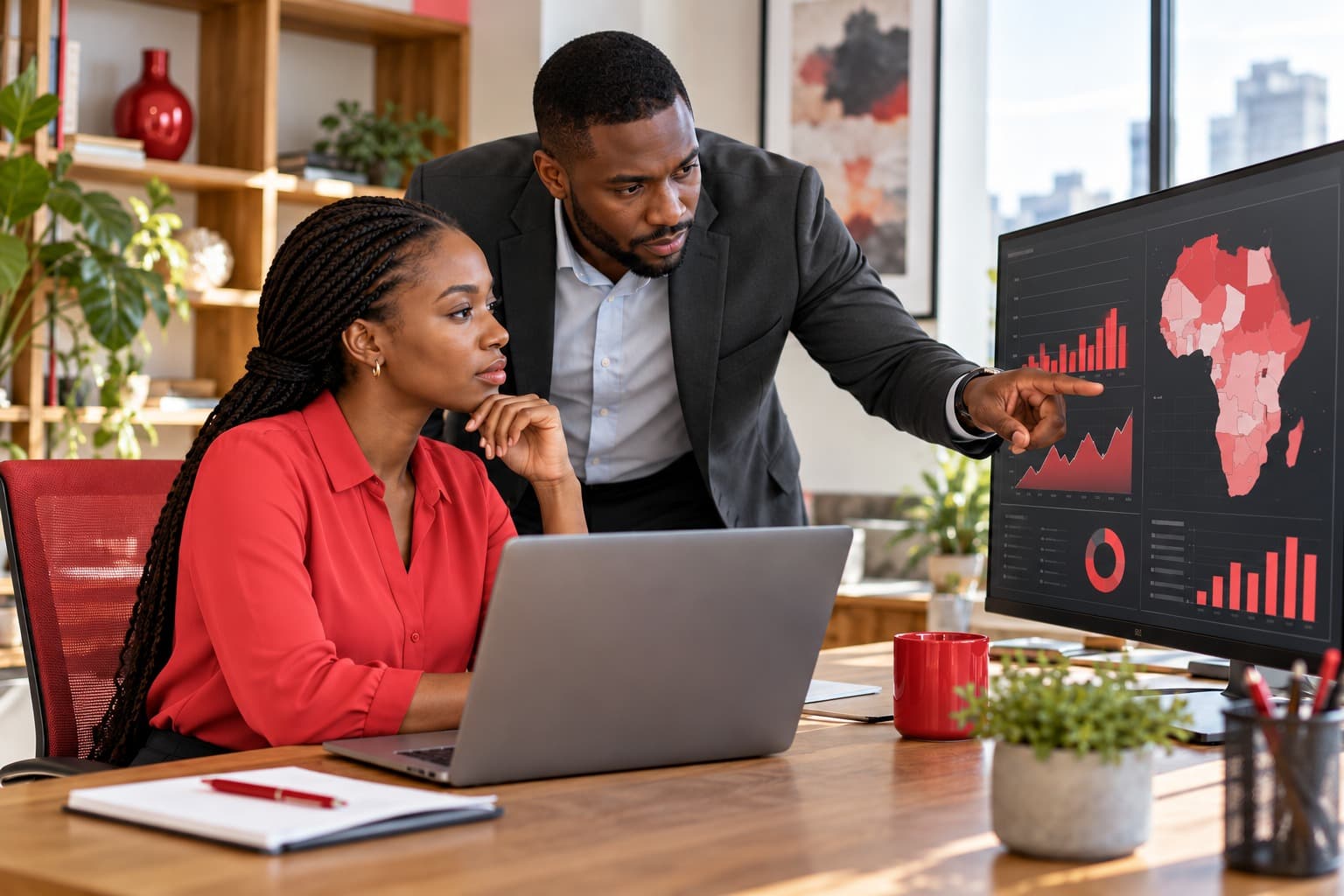 Illustrative analysts reviewing market data on a screen